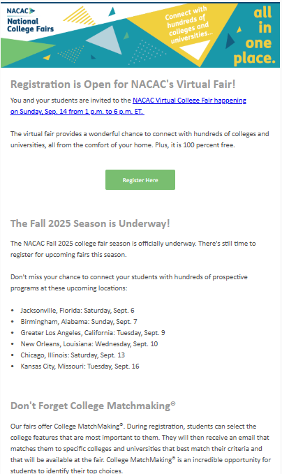 NACAC Virtual College Fair happening on Sunday Spet. 14th 1pm to 6pm.